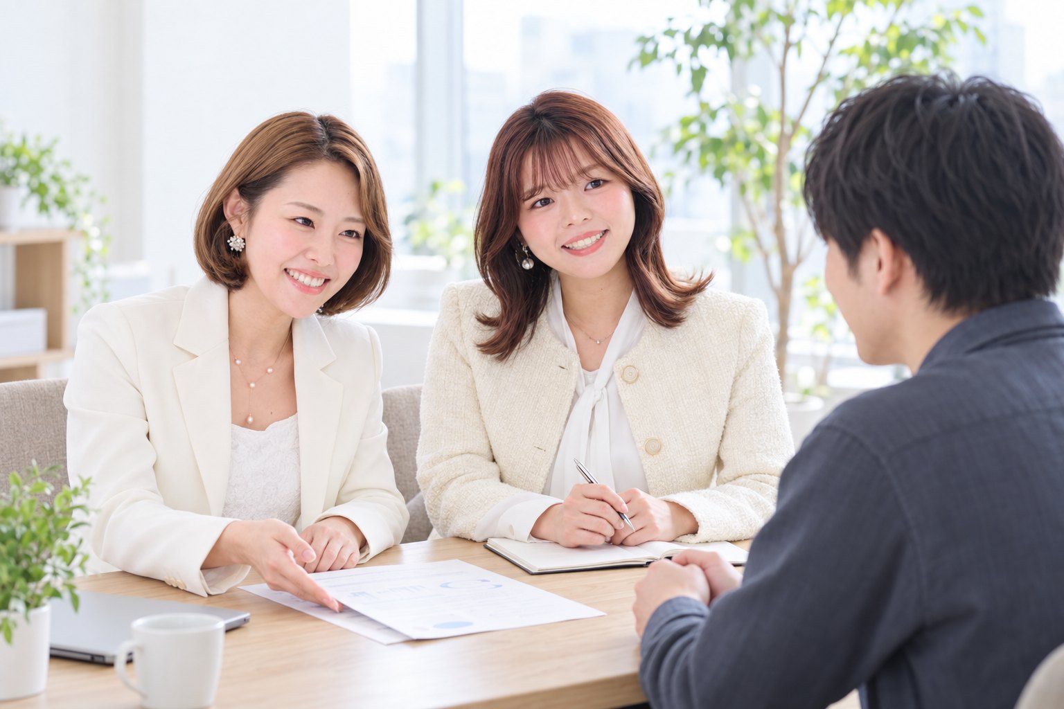 Melight Plusの2人の相談員が従業員と面談するイメージ